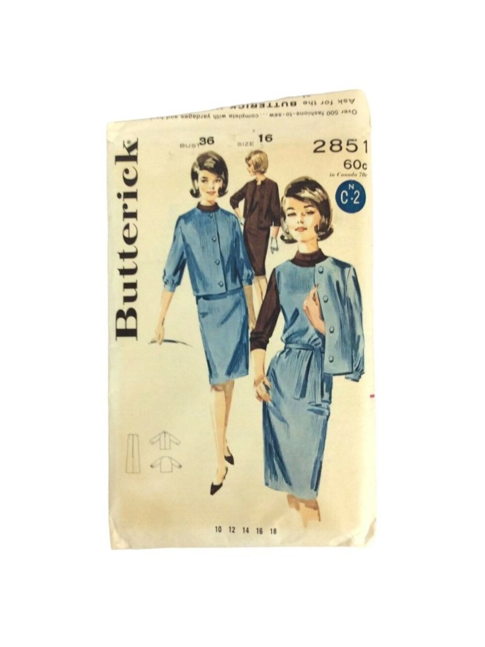Butterick 2851 Sewing Pattern Size 16 Jumper Jacket Blouse Uncut Vintage 60s